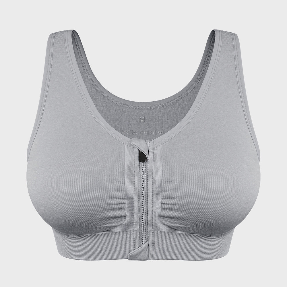 Women's Zip-Front Active Yoga Sports Bras with Medium Support Light Grey