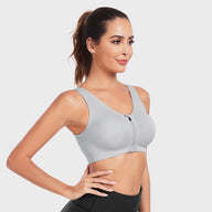 Women's Zip-Front Active Yoga Sports Bras with Medium Support Light Grey