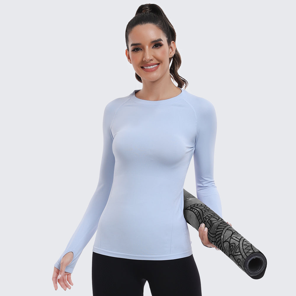 Seamless Workout Shirts for Women Long Sleeve Light Blue