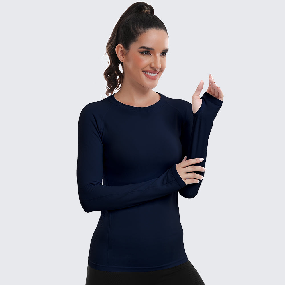 Seamless Workout Shirts for Women Long Sleeve Navy Blue