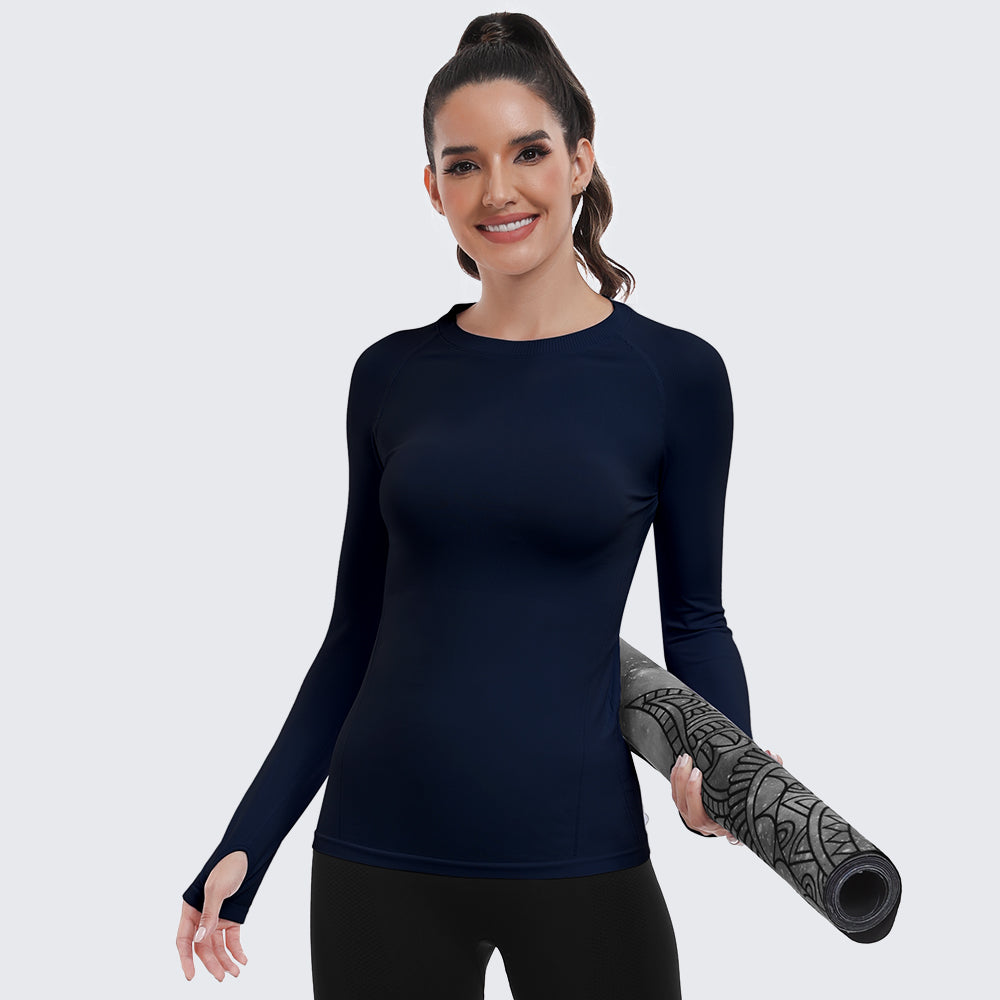 Seamless Workout Shirts for Women Long Sleeve Navy Blue