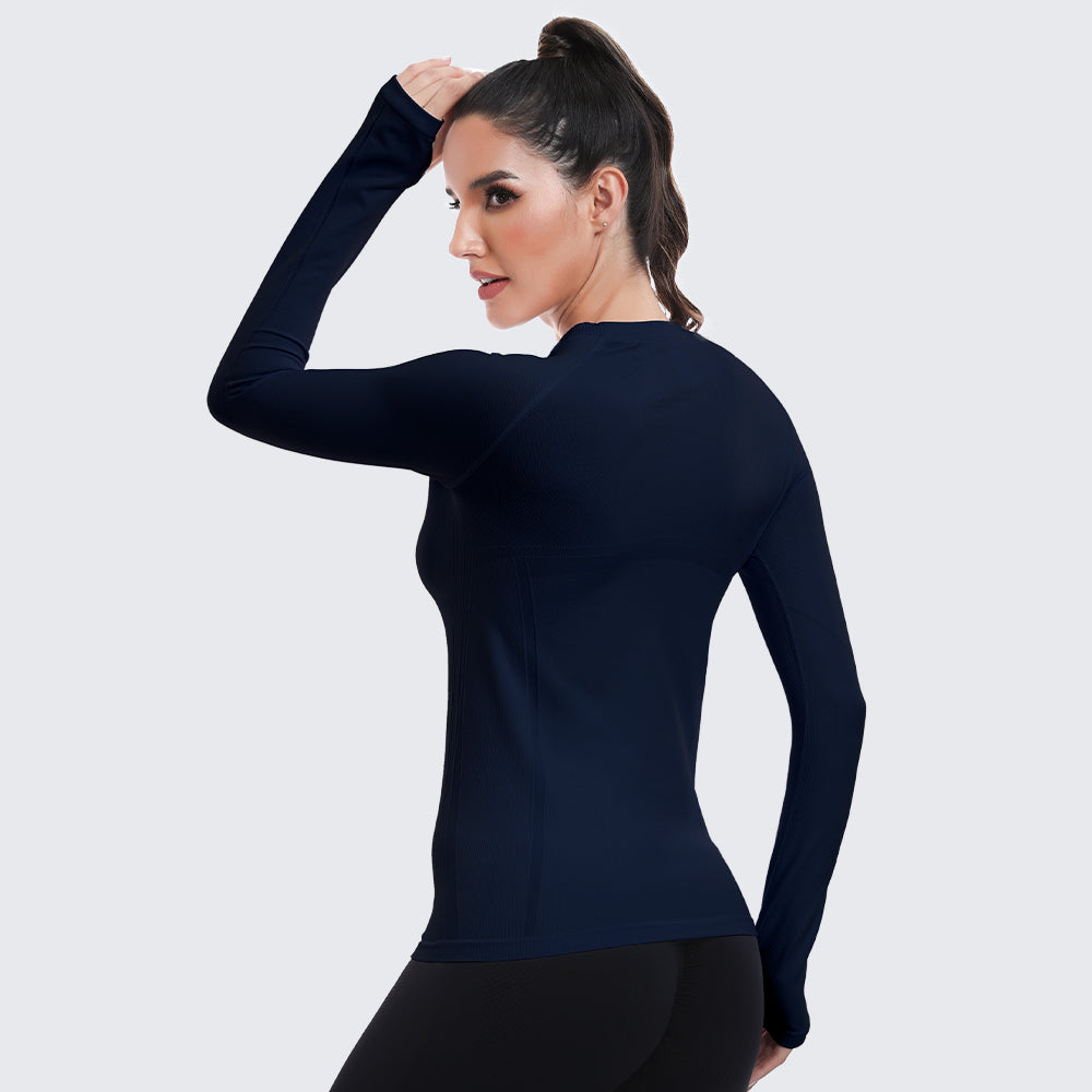 Seamless Workout Shirts for Women Long Sleeve Navy Blue