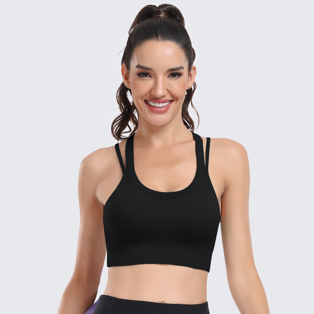 Sports Bras for Women High Support Ribbed Strappy Running Sports Bra Black