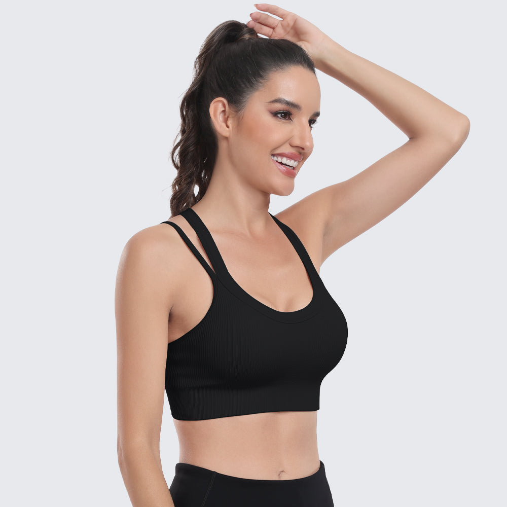 Sports Bras for Women High Support Ribbed Strappy Running Sports Bra Black