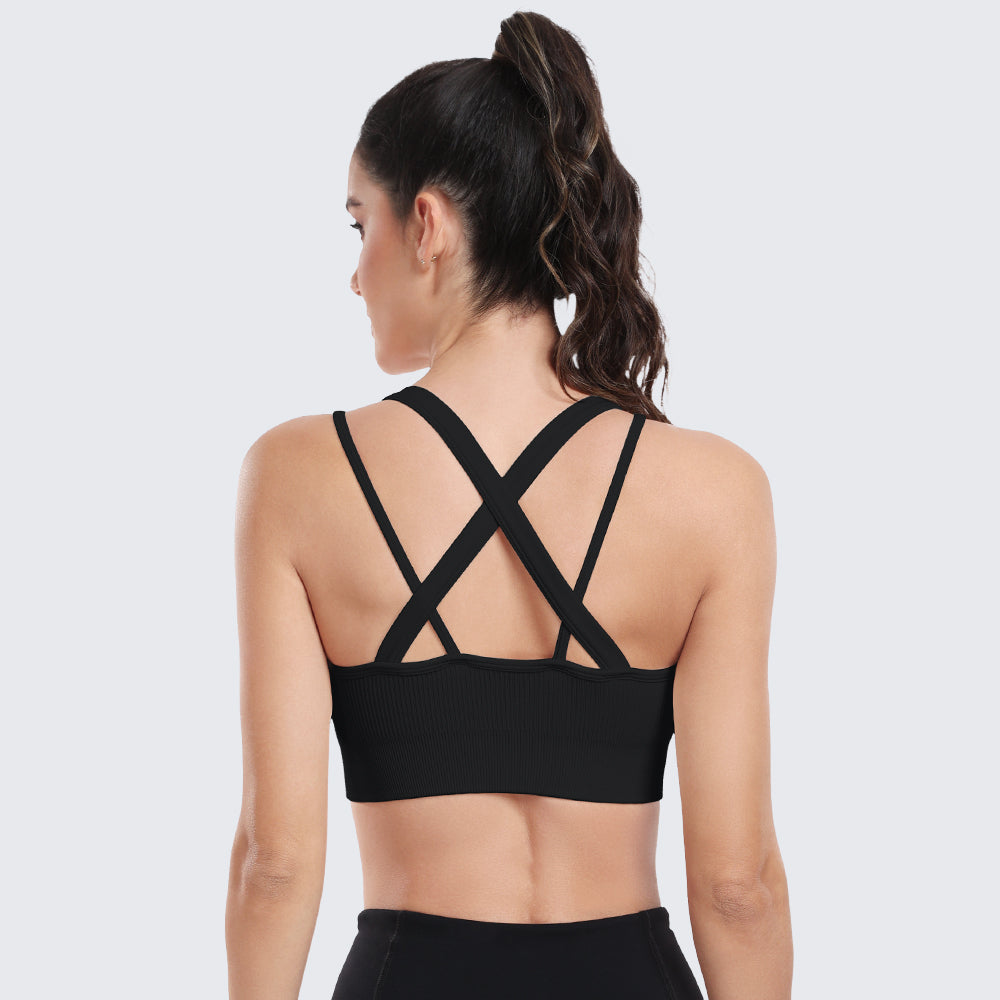 Sports Bras for Women High Support Ribbed Strappy Running Sports Bra Black