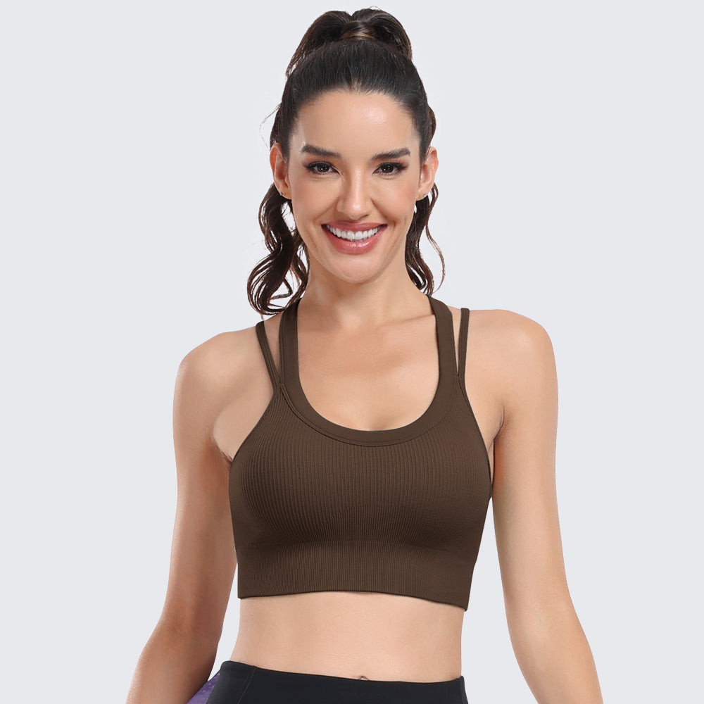 Sports Bras for Women High Support Ribbed Strappy Running Sports Bra Coffee