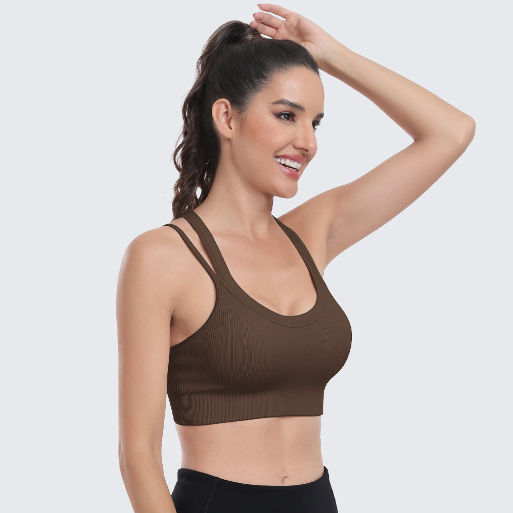 Sports Bras for Women High Support Ribbed Strappy Running Sports Bra Coffee