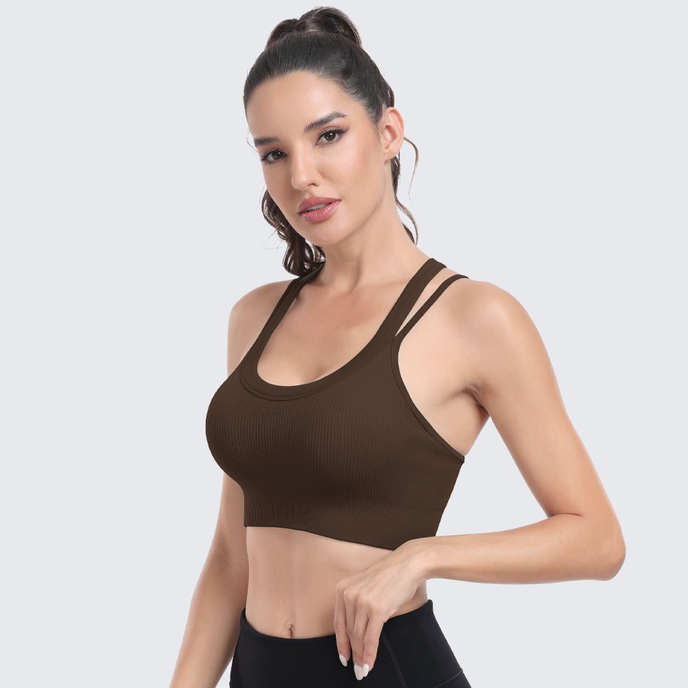 Sports Bras for Women High Support Ribbed Strappy Running Sports Bra Coffee