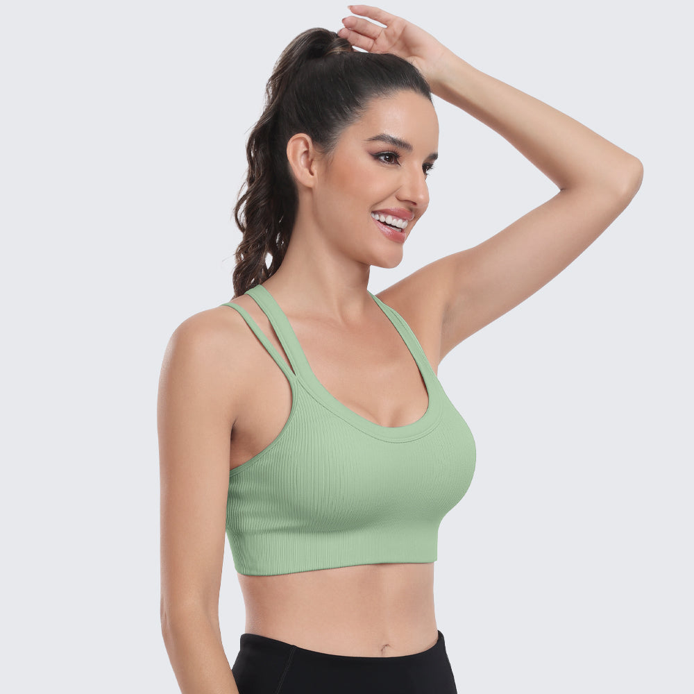 Sports Bras for Women High Support Ribbed Strappy Running Sports Bra Green