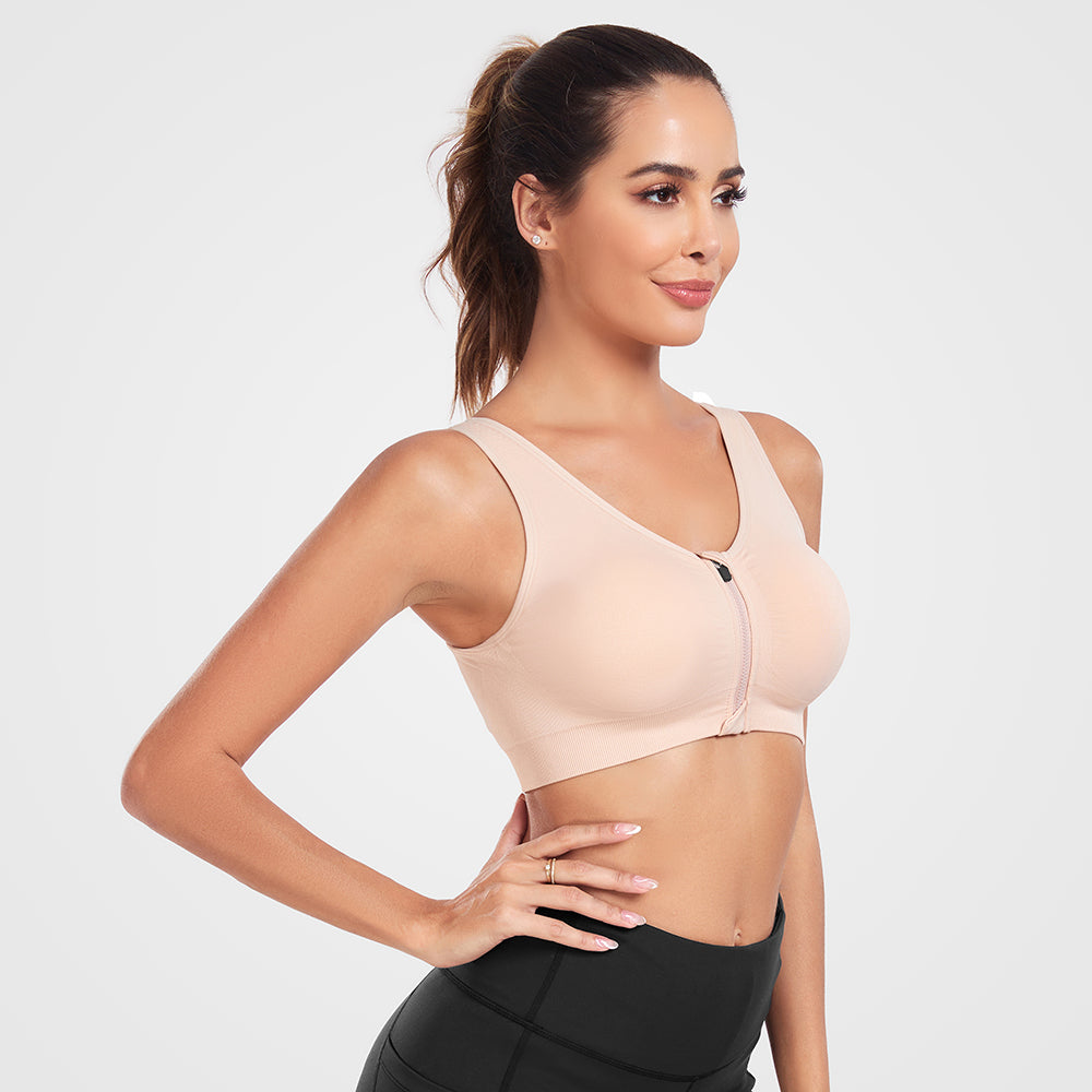 Women's Zip Front Active Yoga Sports Bras Beige