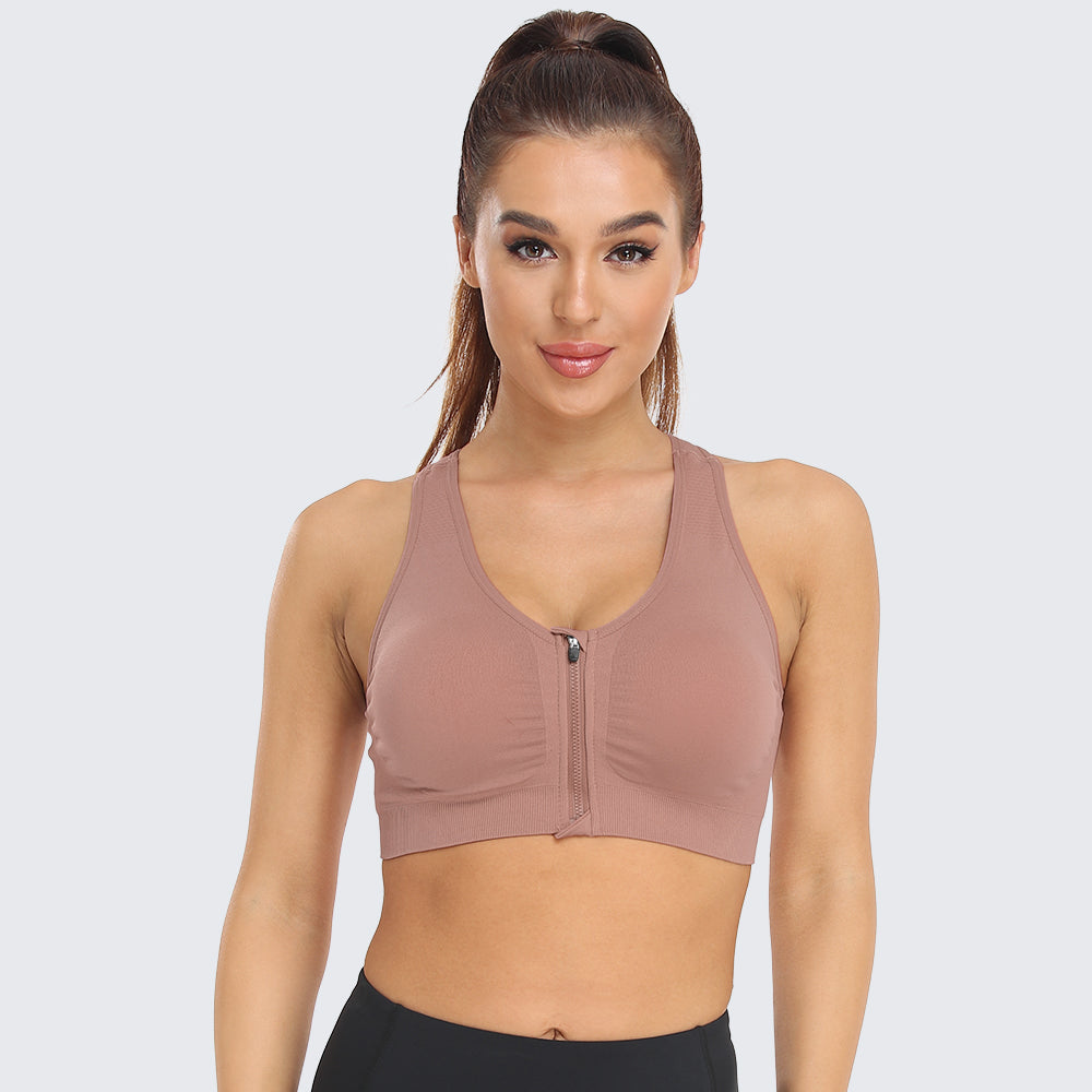 Zip Front Racerback Sports Bra Bean Paste