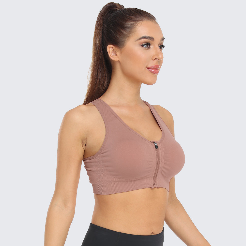 Zip Front Racerback Sports Bra Bean Paste