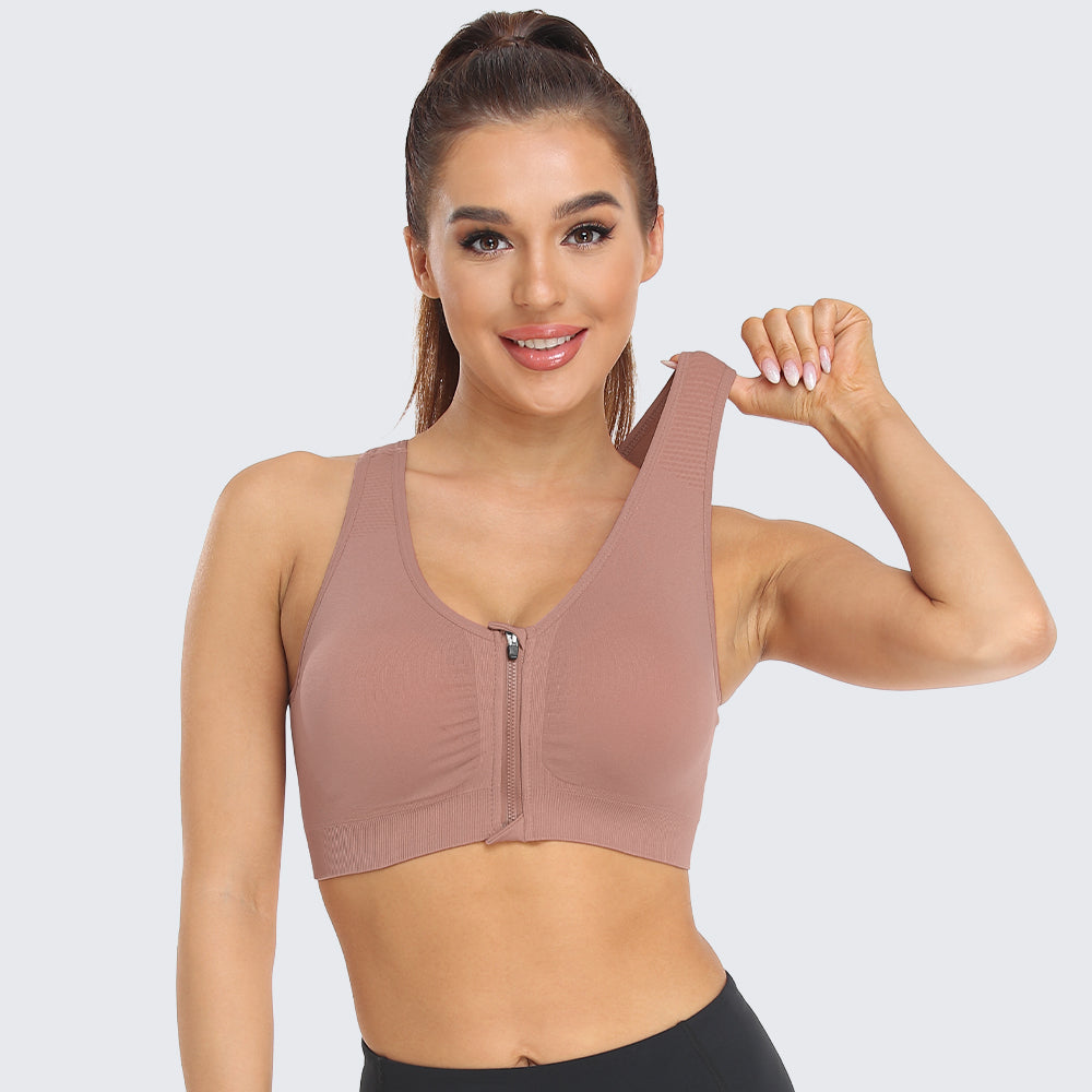 Zip Front Racerback Sports Bra Bean Paste