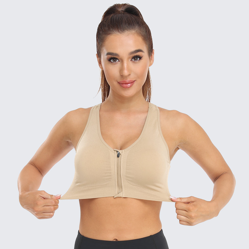 Zip Front Racerback Sports Bra Beige