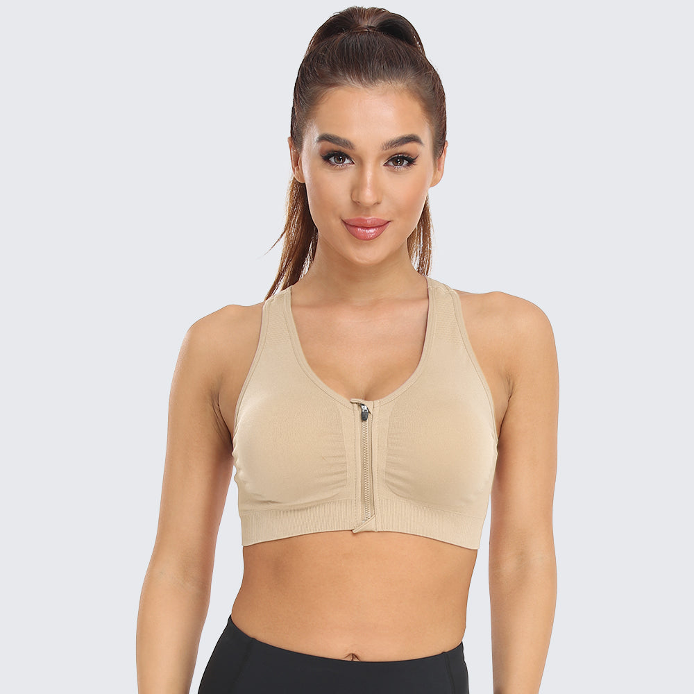 Zip Front Racerback Sports Bra Beige
