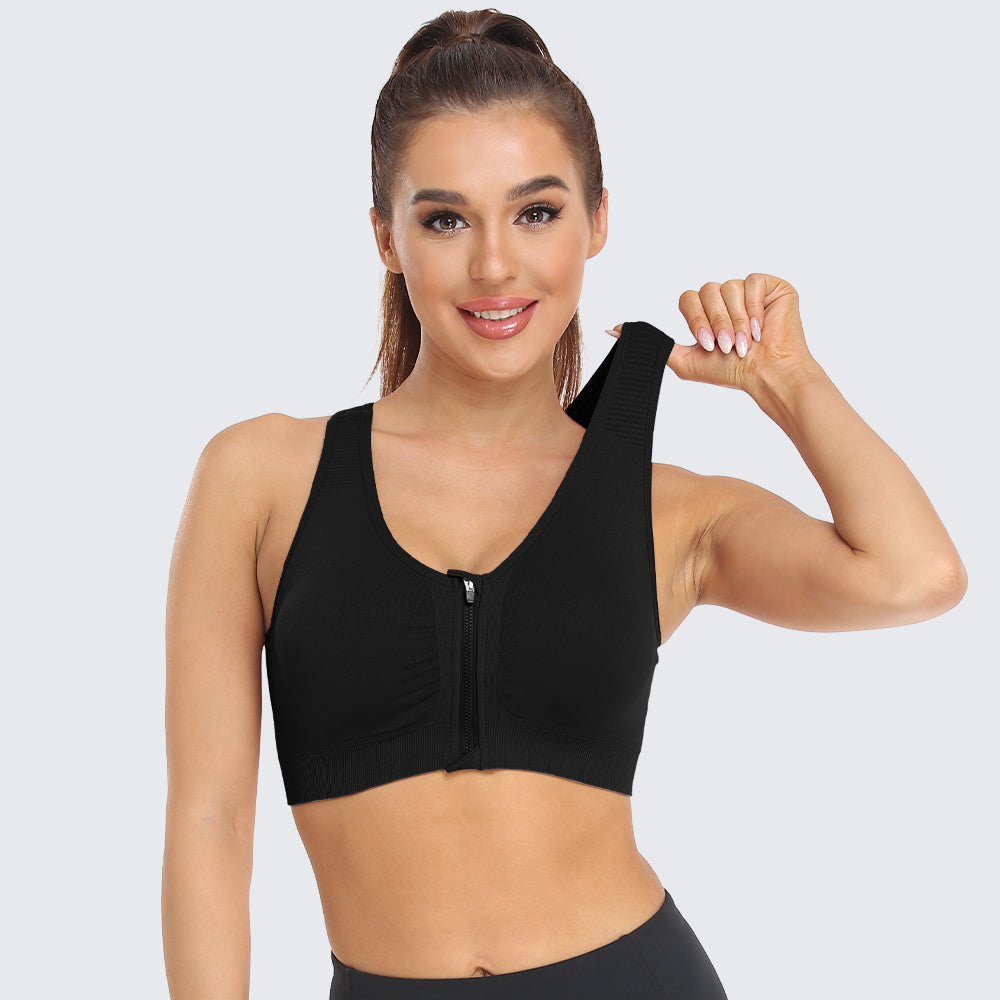 Zip Front Racerback Sports Bra Black