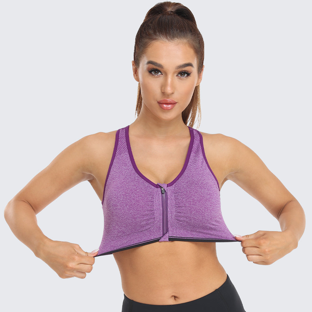 Zip Front Racerback Sports Bra Purple