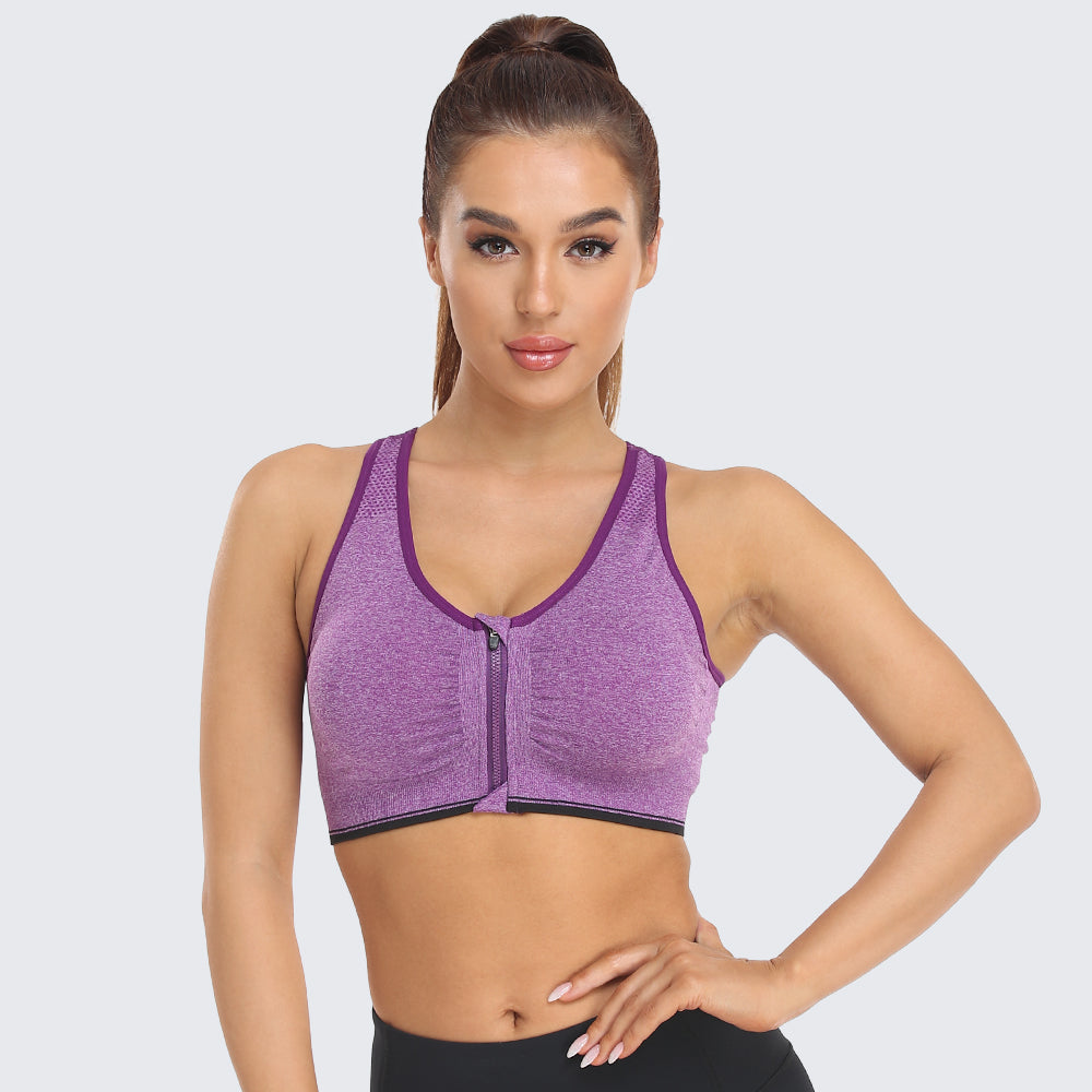 Zip Front Racerback Sports Bra Purple