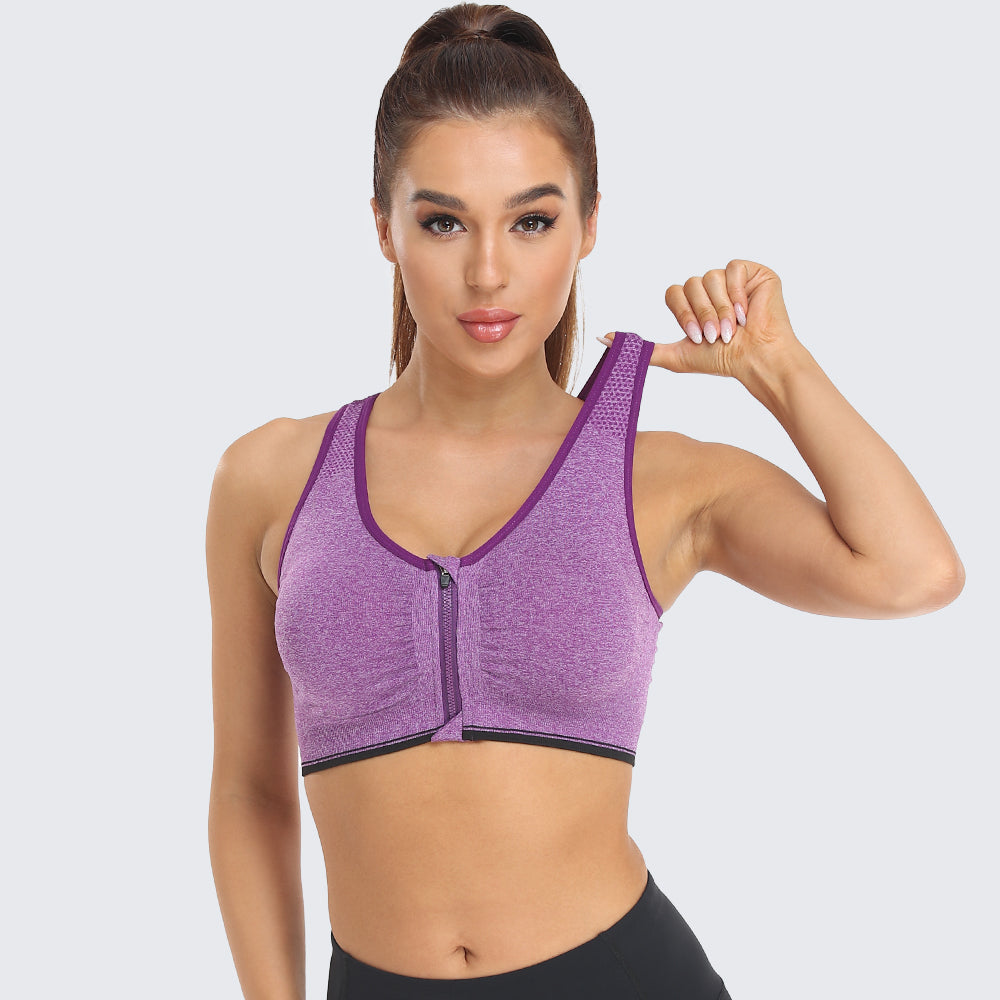 Zip Front Racerback Sports Bra Purple