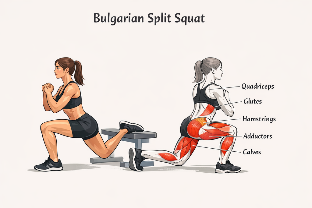 Long Bulgarian split squat muscle engagement illustration highlighting legs and glutes for strength training.