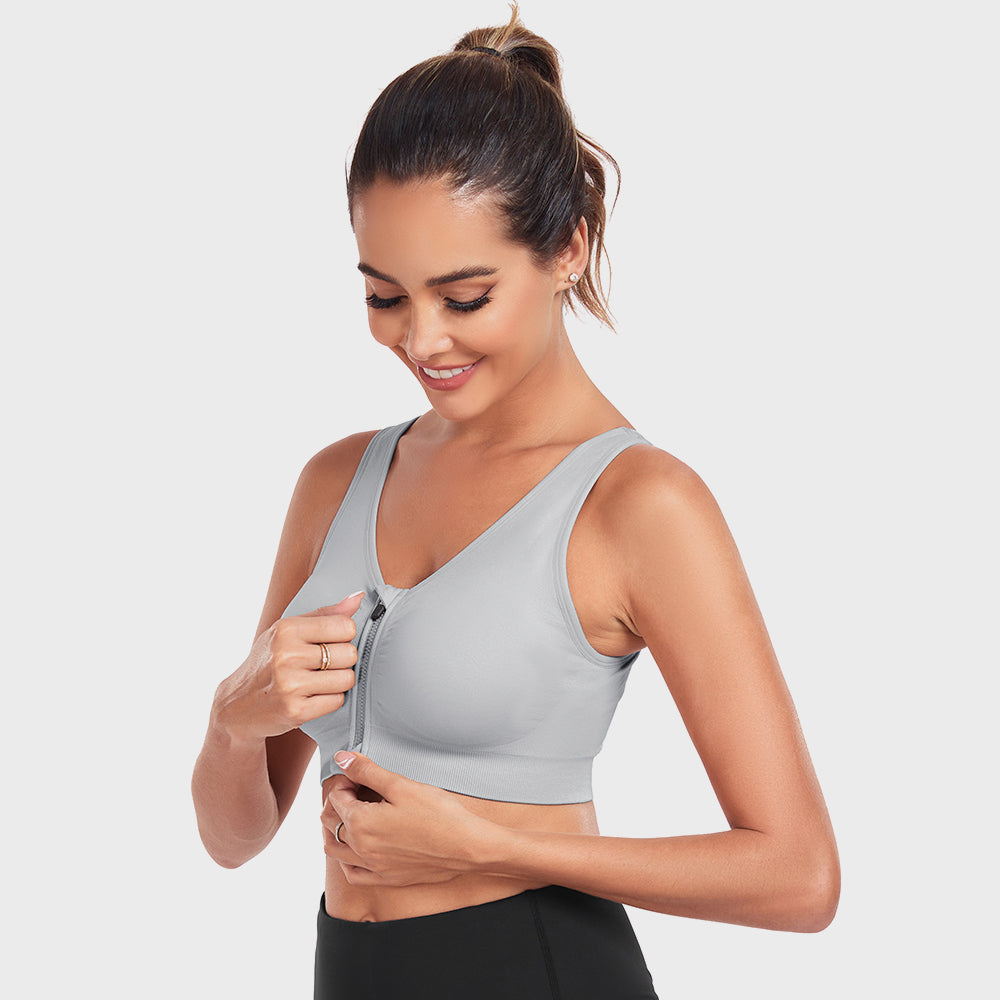 Women's Zip-Front Active Yoga Sports Bras with Medium Support Light Grey