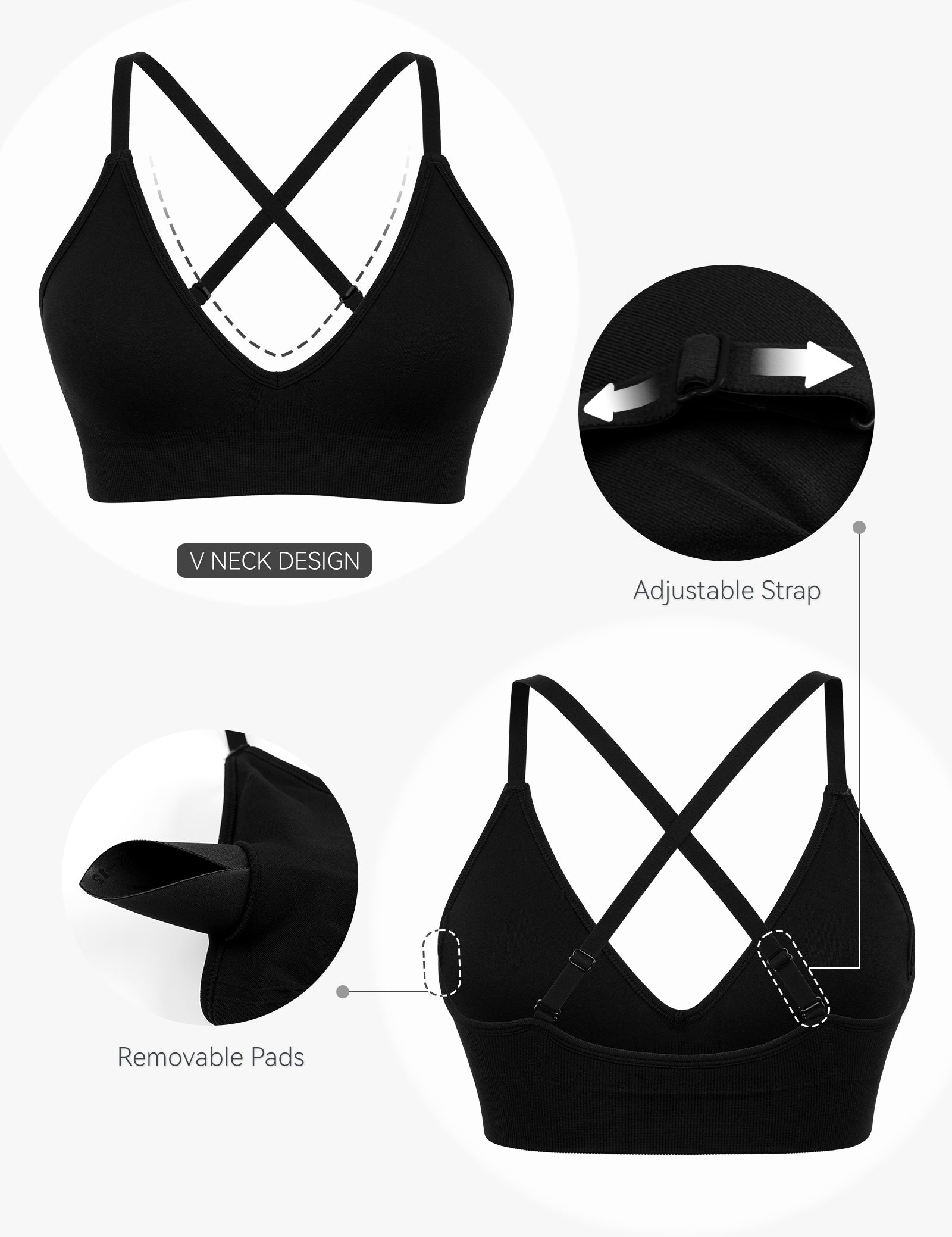Adjustable Spaghetti Strap V Neck Bra Black
