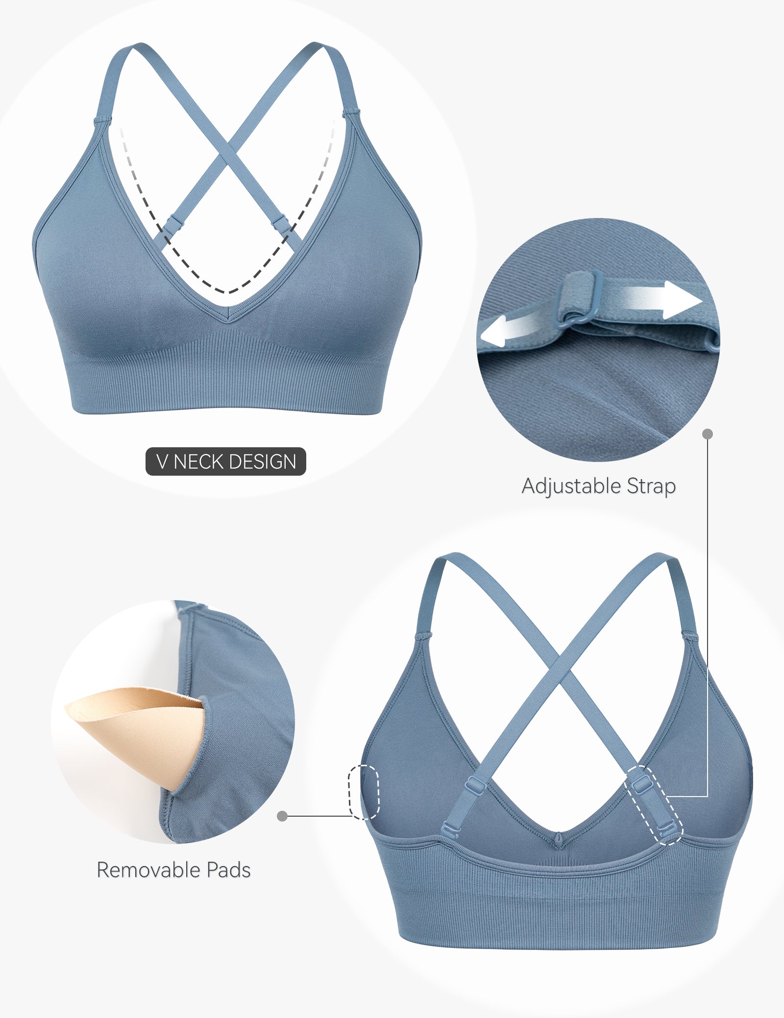 Adjustable Spaghetti Strap V Neck Bra Blue