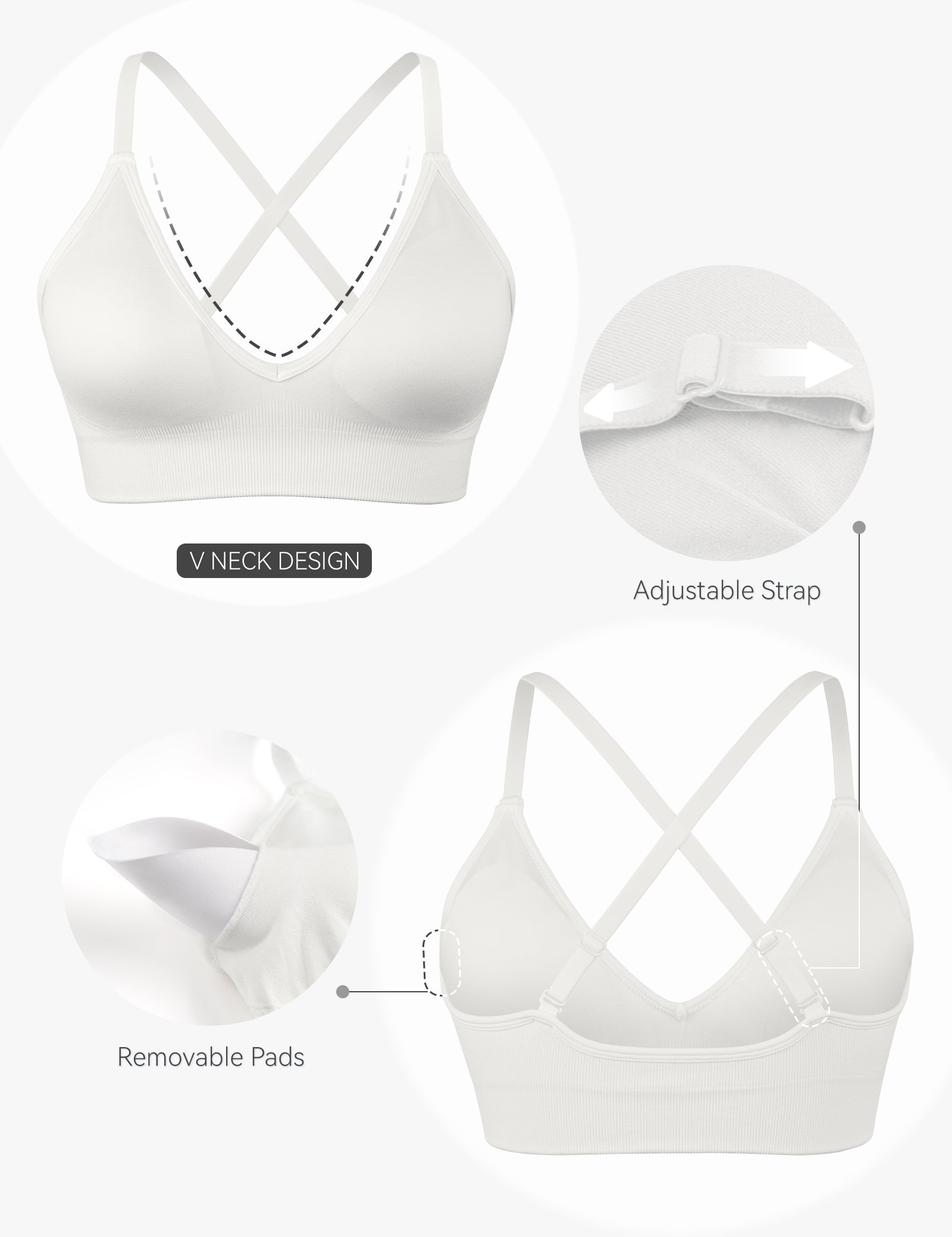 Adjustable Spaghetti Strap V Neck Bra White