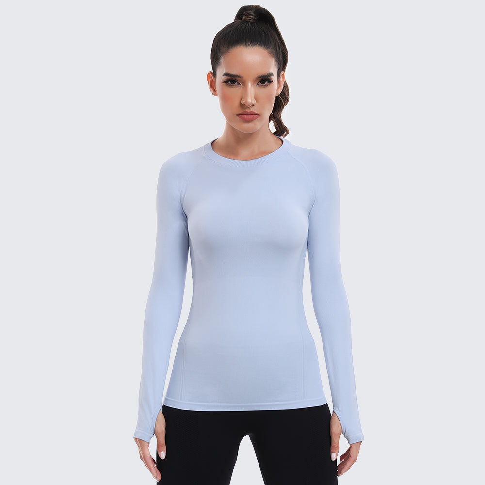 Seamless Workout Shirts for Women Long Sleeve Light Blue
