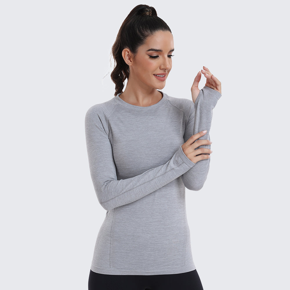 Seamless Workout Shirts for Women Long Sleeve Light Grey