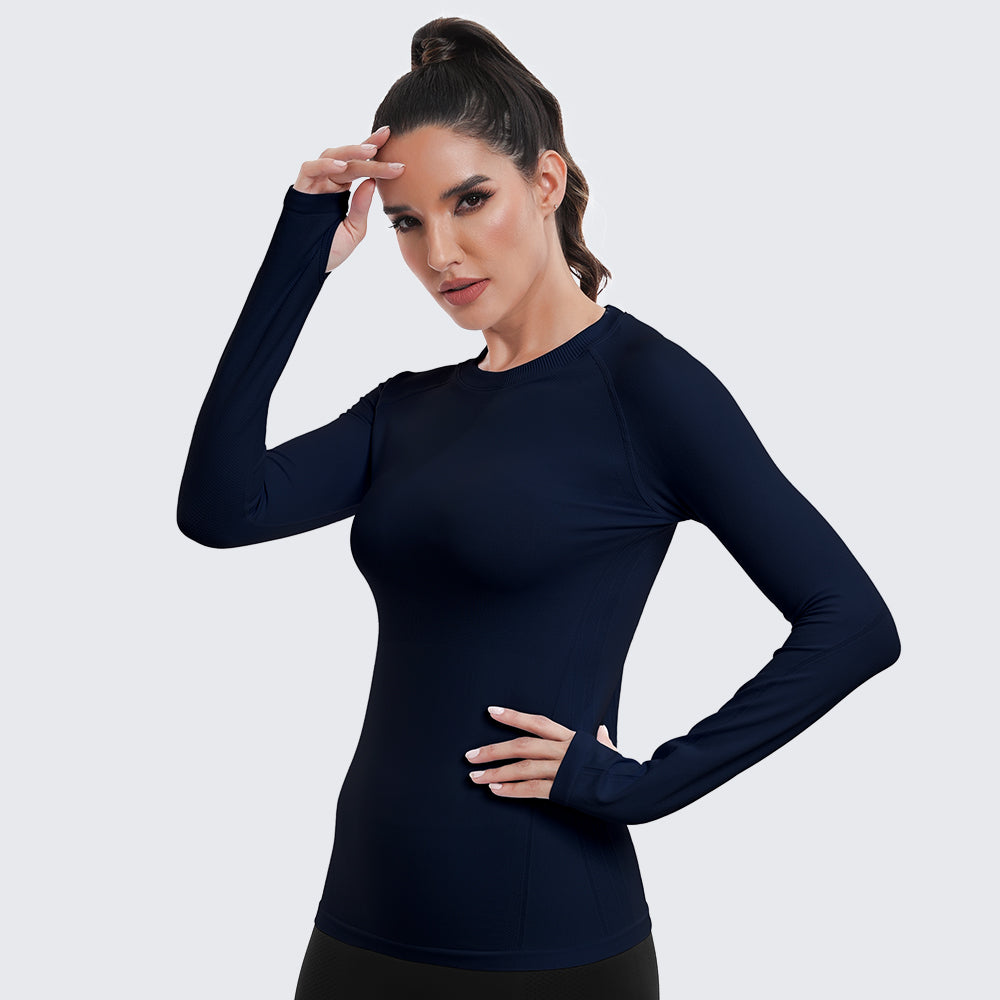 Seamless Workout Shirts for Women Long Sleeve Navy Blue