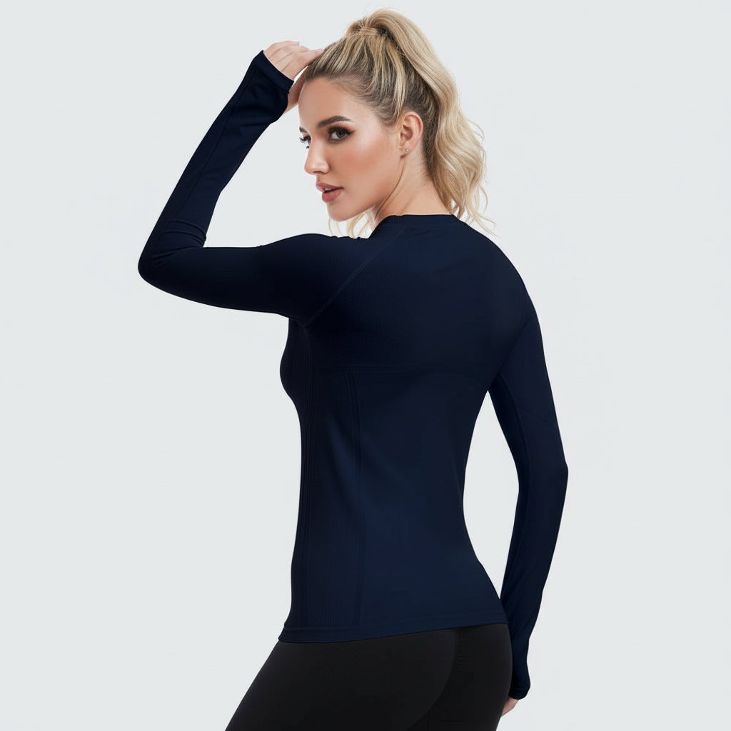 Seamless Workout Shirts for Women Long Sleeve Navy Blue