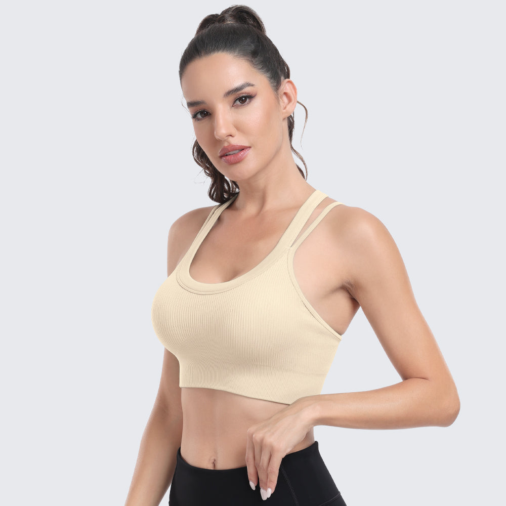 Sports Bras for Women High Support Ribbed Strappy Running Sports Bra Beige