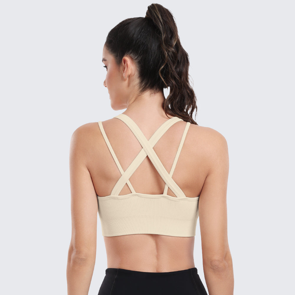Sports Bras for Women High Support Ribbed Strappy Running Sports Bra Beige