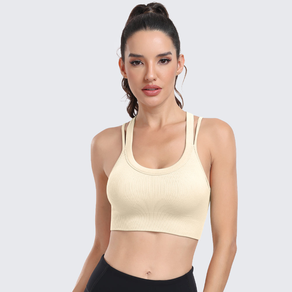 Sports Bras for Women High Support Ribbed Strappy Running Sports Bra Beige