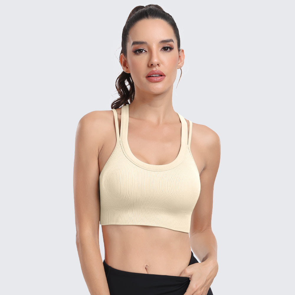 Sports Bras for Women High Support Ribbed Strappy Running Sports Bra Beige