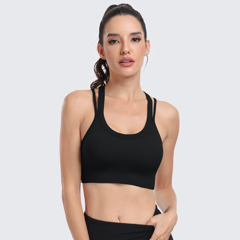 Sports Bras for Women High Support Ribbed Strappy Running Sports Bra Black