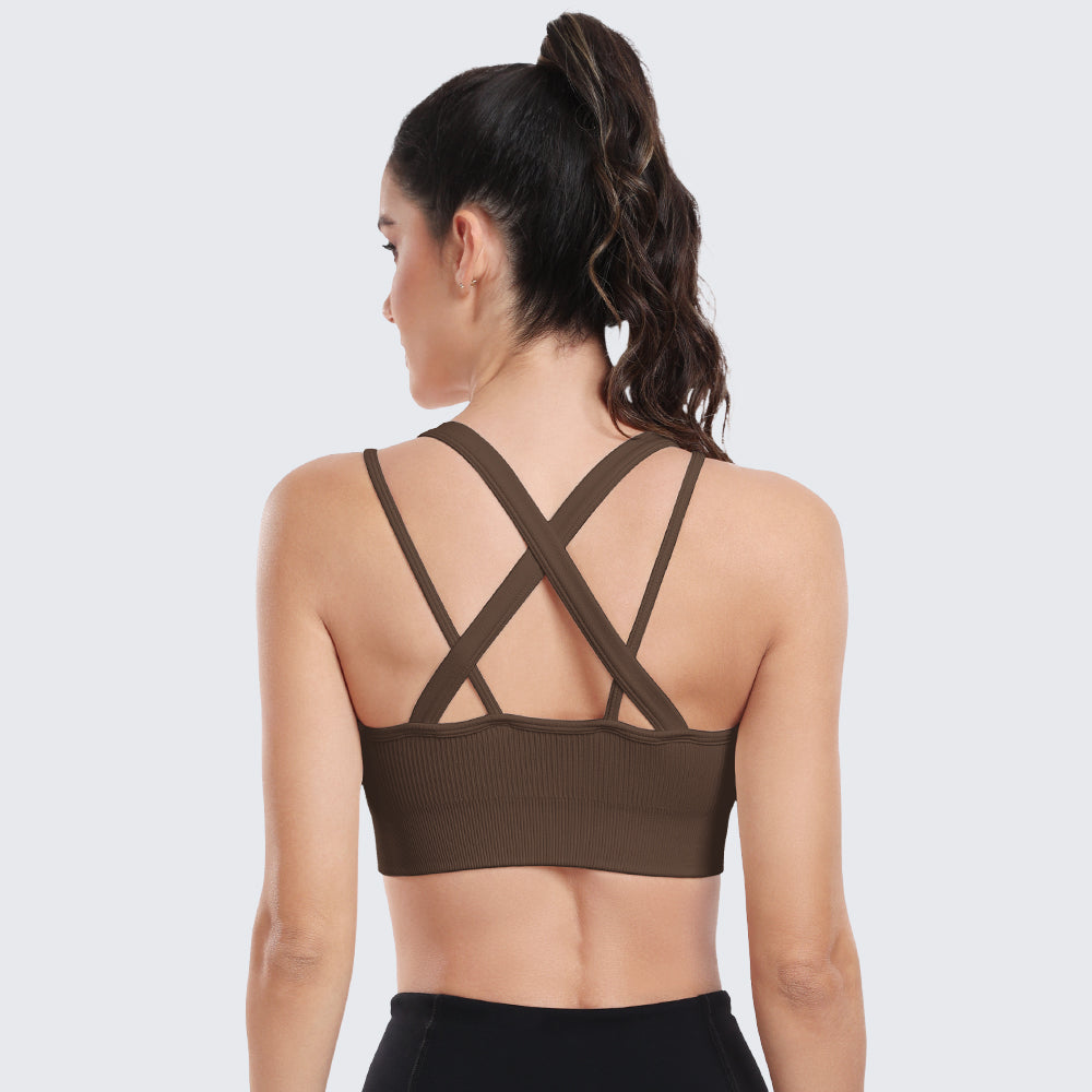 Sports Bras for Women High Support Ribbed Strappy Running Sports Bra Coffee