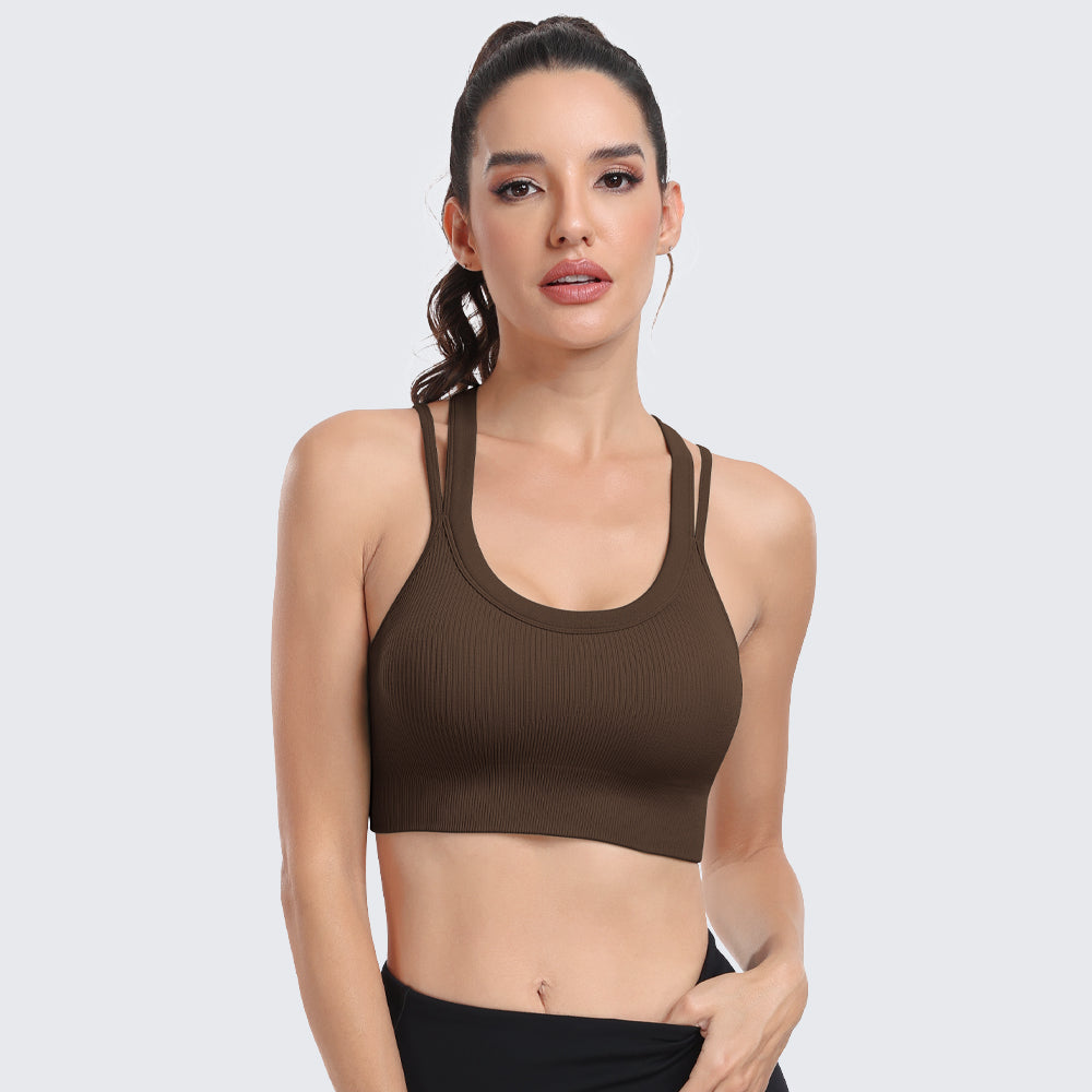 Sports Bras for Women High Support Ribbed Strappy Running Sports Bra Coffee