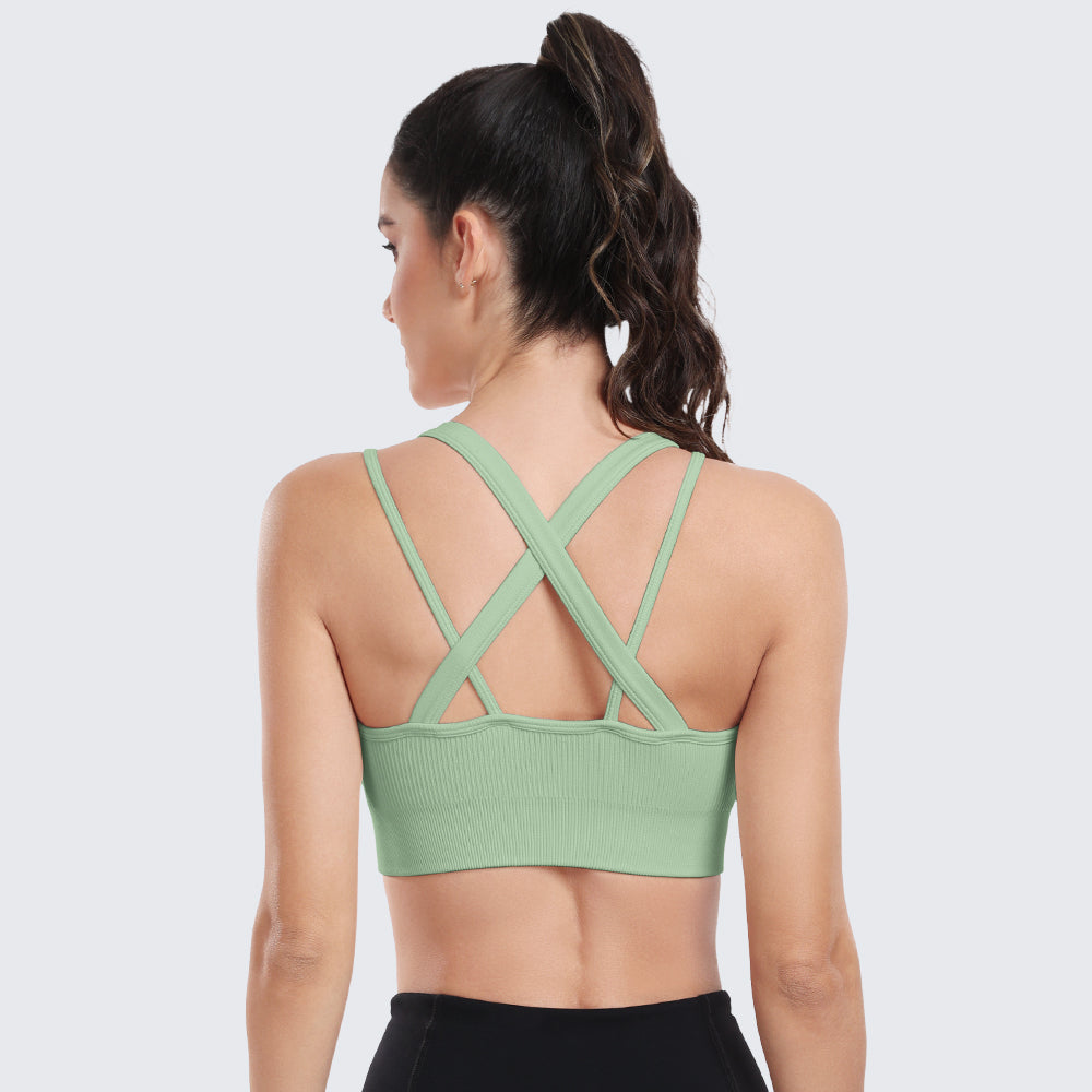 Sports Bras for Women High Support Ribbed Strappy Running Sports Bra Green