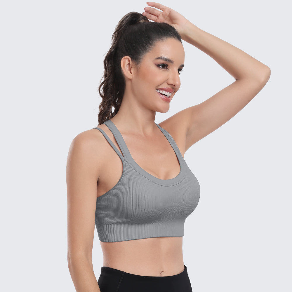 Sports Bras for Women High Support Ribbed Strappy Running Sports Bra Grey