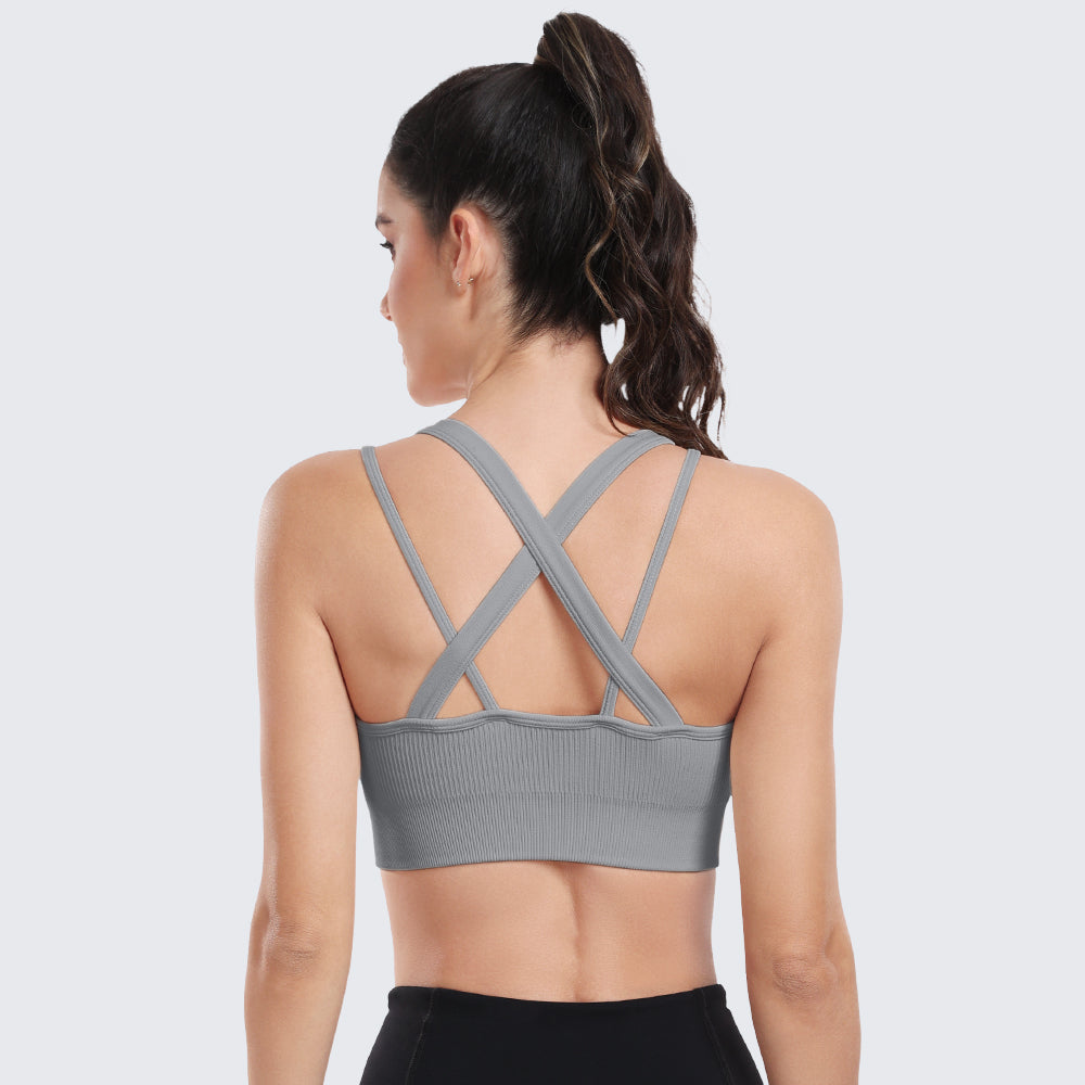 Sports Bras for Women High Support Ribbed Strappy Running Sports Bra Grey