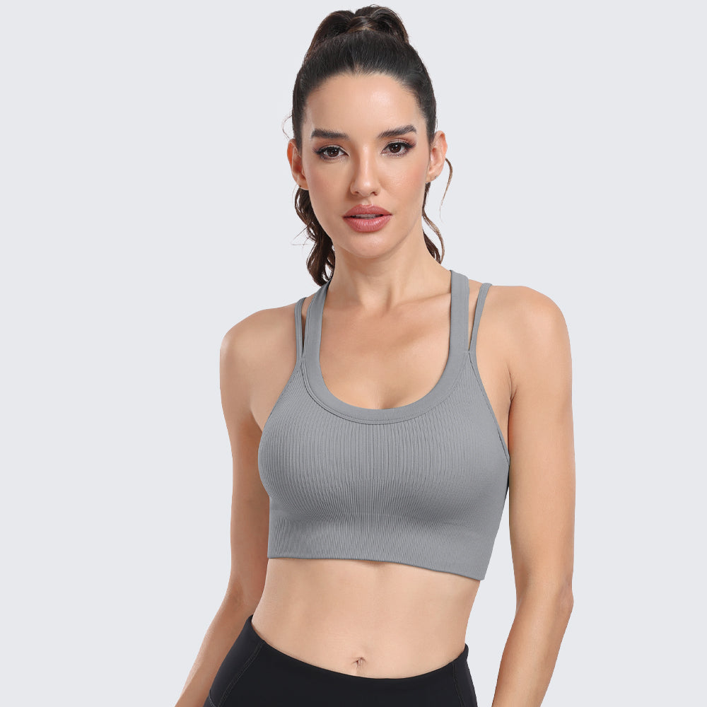 Sports Bras for Women High Support Ribbed Strappy Running Sports Bra Grey