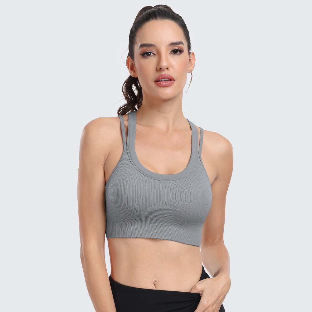 Sports Bras for Women High Support Ribbed Strappy Running Sports Bra Grey