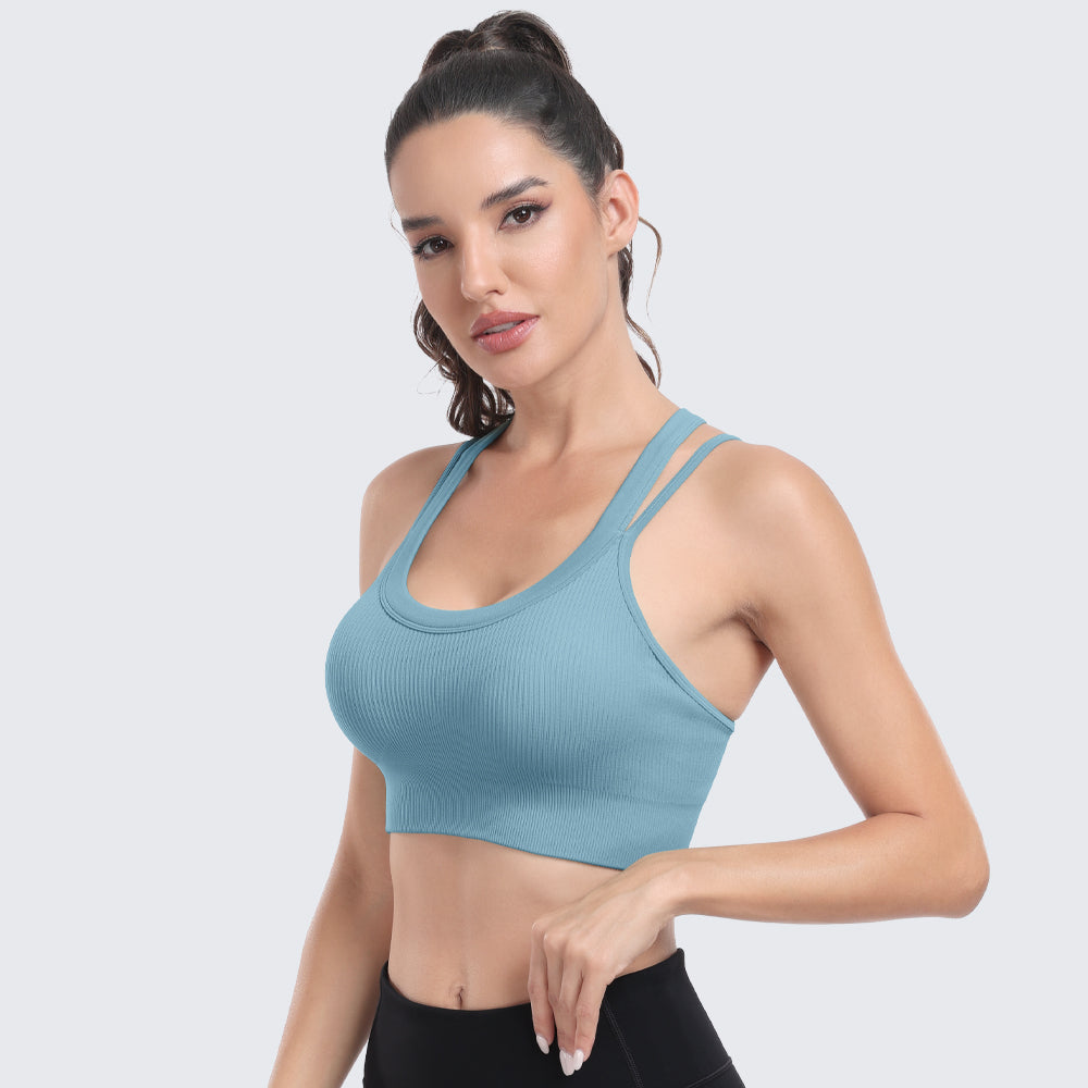 Sports Bras for Women High Support Ribbed Strappy Running Sports Bra Light Blue