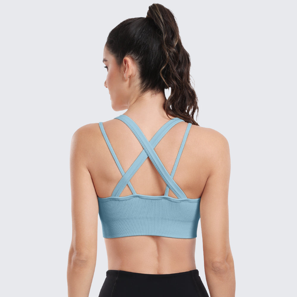 Sports Bras for Women High Support Ribbed Strappy Running Sports Bra Light Blue