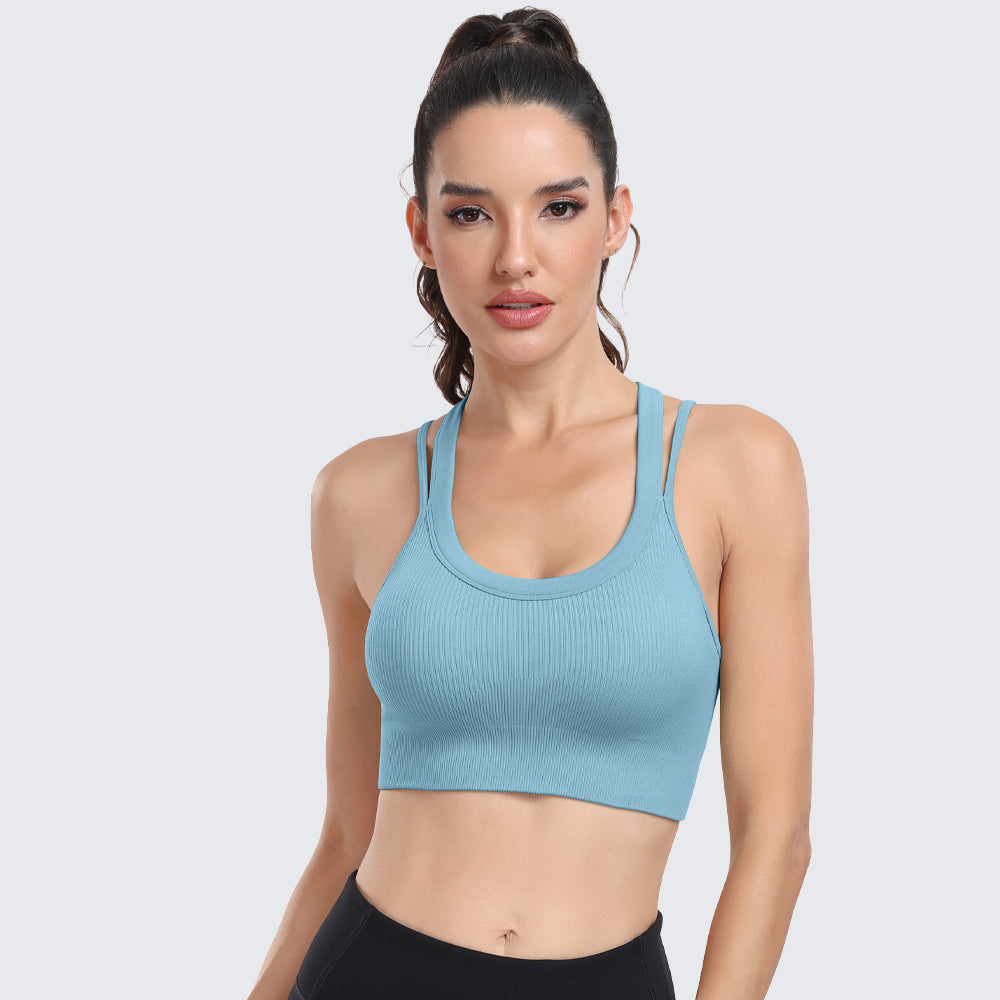 Sports Bras for Women High Support Ribbed Strappy Running Sports Bra Light Blue