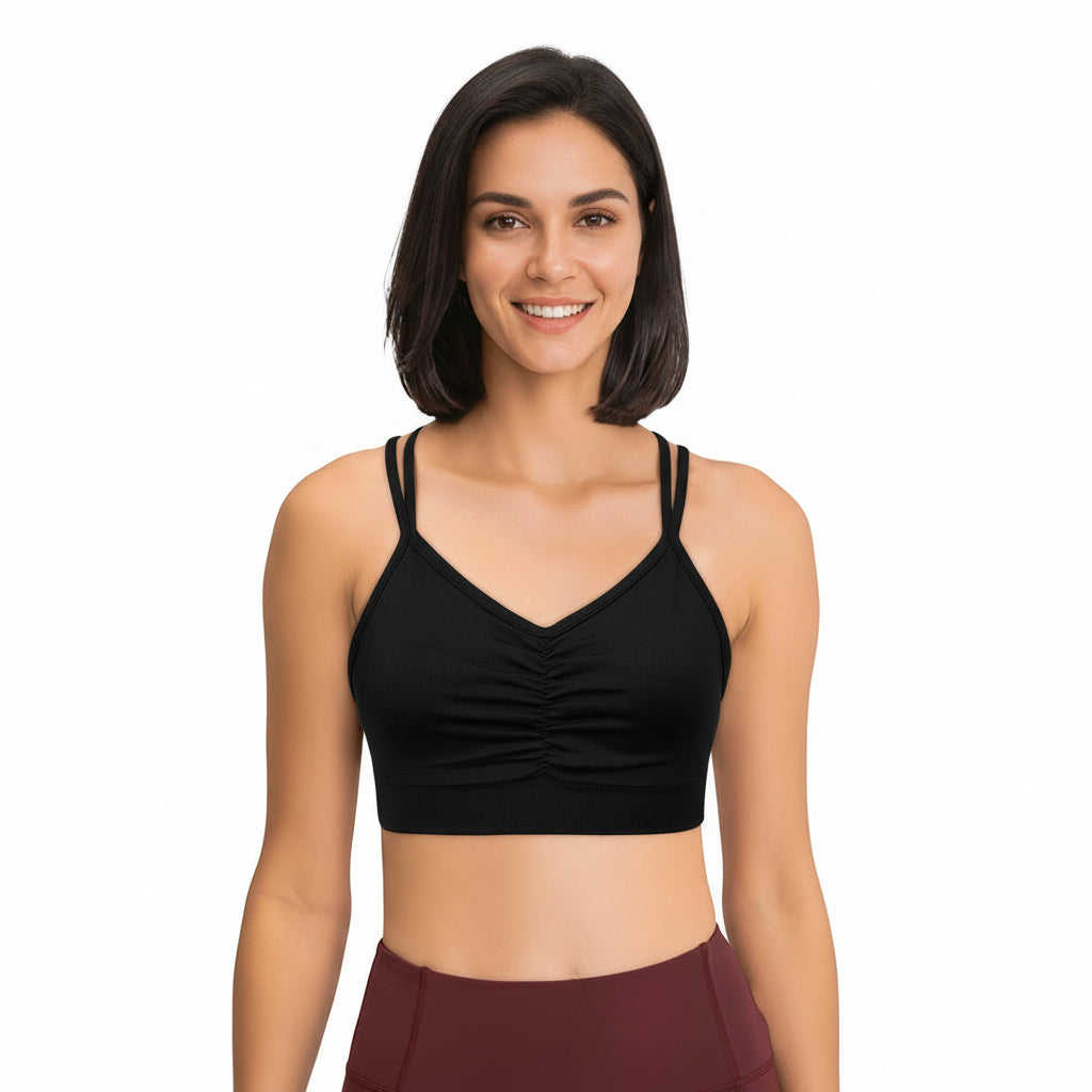 Sports Ruched V Neck Bra Black