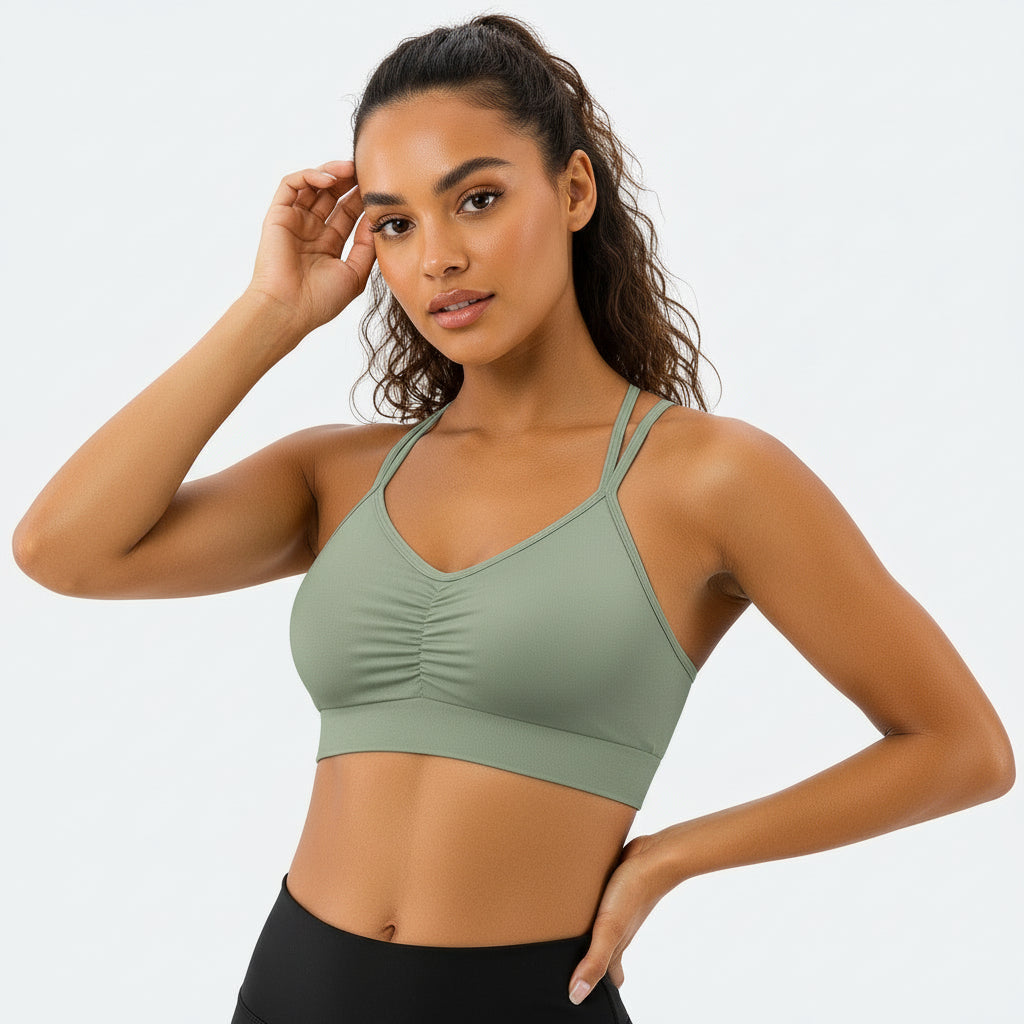 Sports Ruched V Neck Bra Green