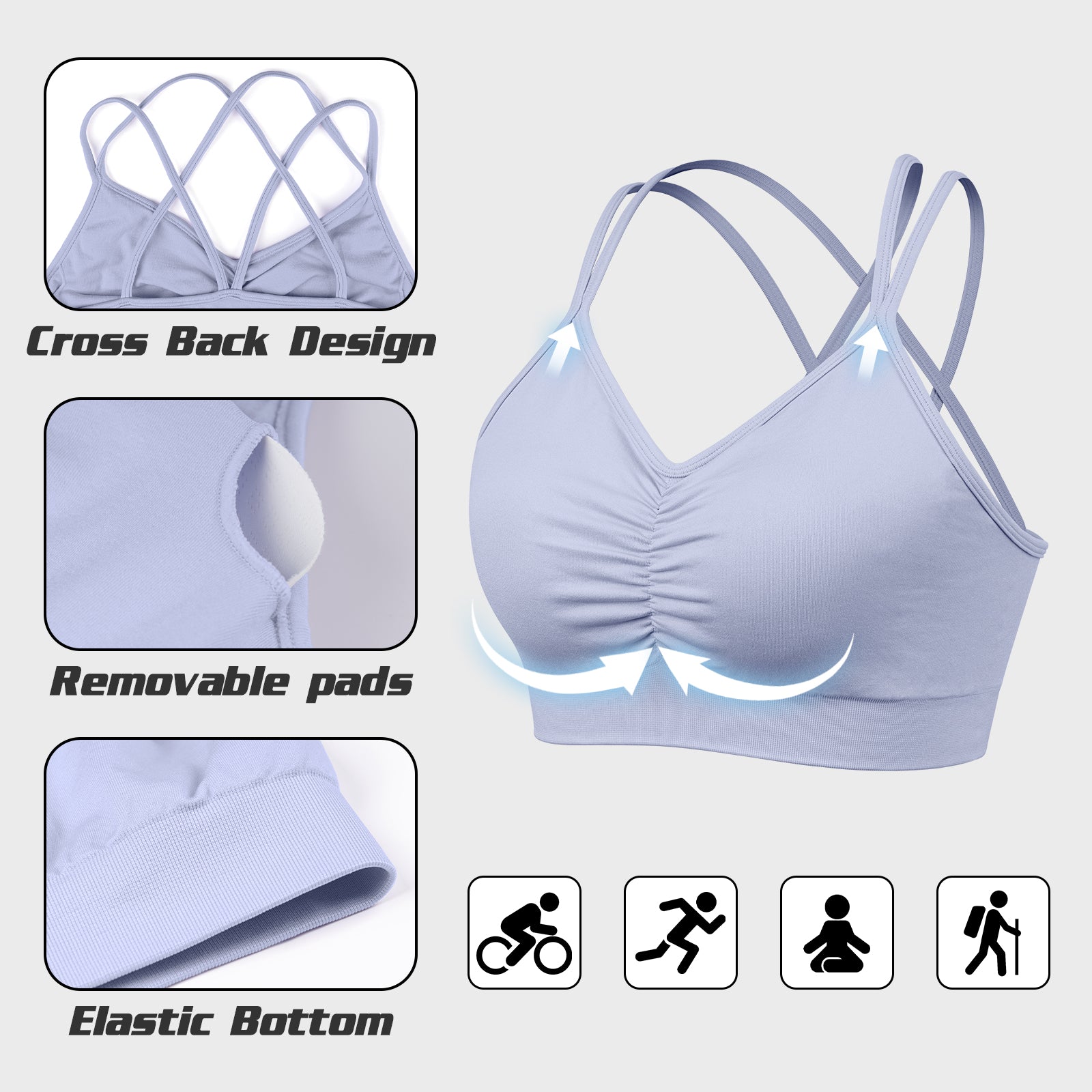 Sports Ruched V Neck Bra Light Purple